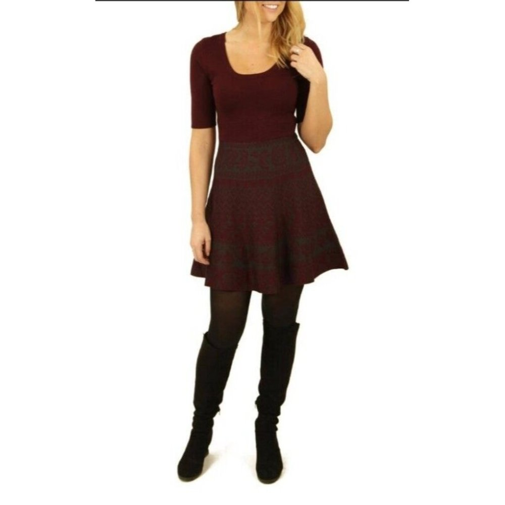 Women's Nina Leonard Maroon And Green Stretchy Fit & Flare Drop Waist Dress XXL